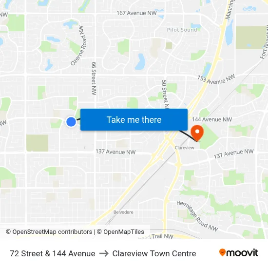 72 Street & 144 Avenue to Clareview Town Centre map