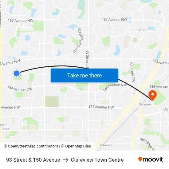 93 Street & 150 Avenue to Clareview Town Centre map