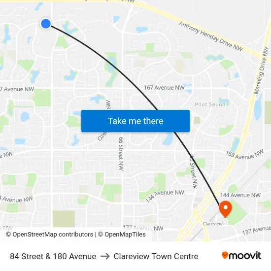 84 Street & 180 Avenue to Clareview Town Centre map