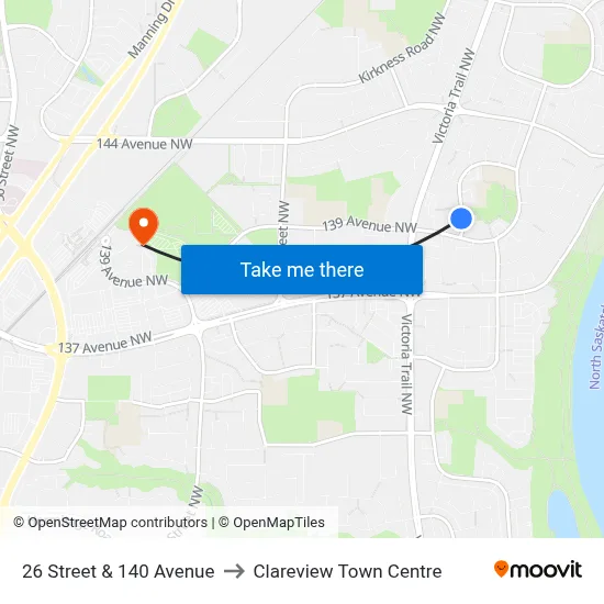 26 Street & 140 Avenue to Clareview Town Centre map