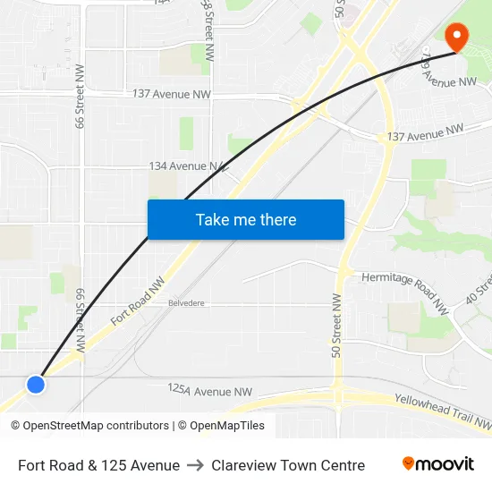 Fort Road & 125 Avenue to Clareview Town Centre map