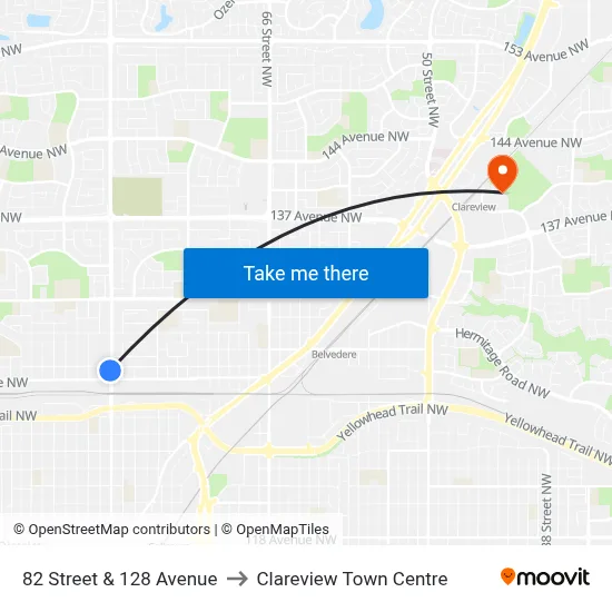 82 Street & 128 Avenue to Clareview Town Centre map