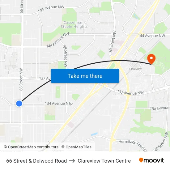 66 Street & Delwood Road to Clareview Town Centre map
