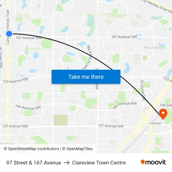 97 Street & 167 Avenue to Clareview Town Centre map
