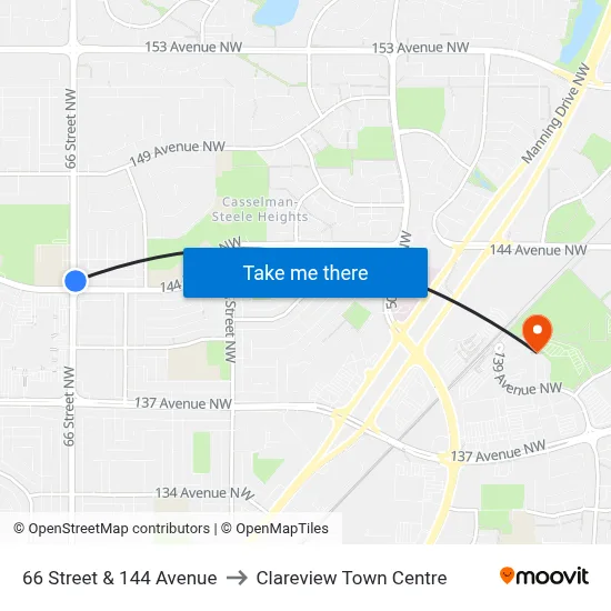 66 Street & 144 Avenue to Clareview Town Centre map