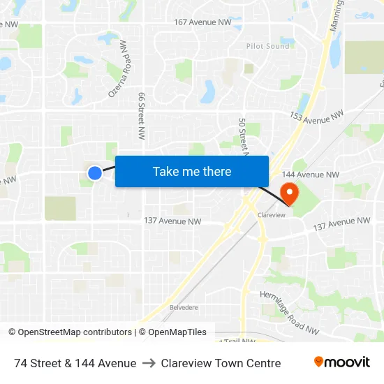74 Street & 144 Avenue to Clareview Town Centre map
