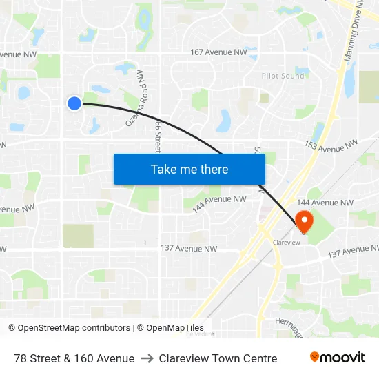 78 Street & 160 Avenue to Clareview Town Centre map