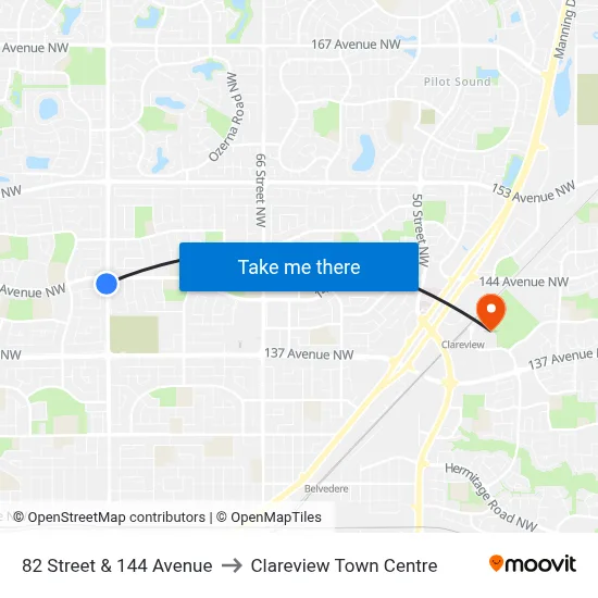 82 Street & 144 Avenue to Clareview Town Centre map