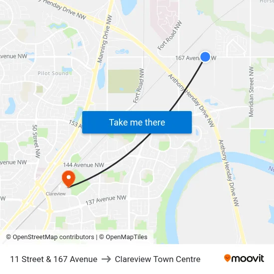 11 Street & 167 Avenue to Clareview Town Centre map