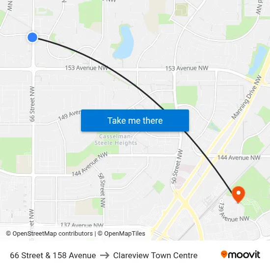 66 Street & 158 Avenue to Clareview Town Centre map