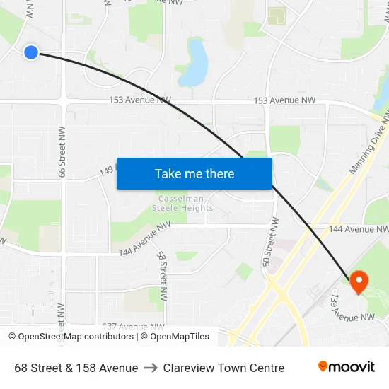 68 Street & 158 Avenue to Clareview Town Centre map