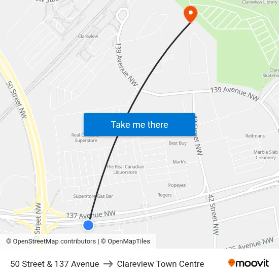 50 Street & 137 Avenue to Clareview Town Centre map