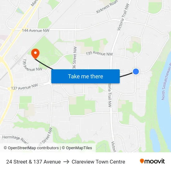 24 Street & 137 Avenue to Clareview Town Centre map