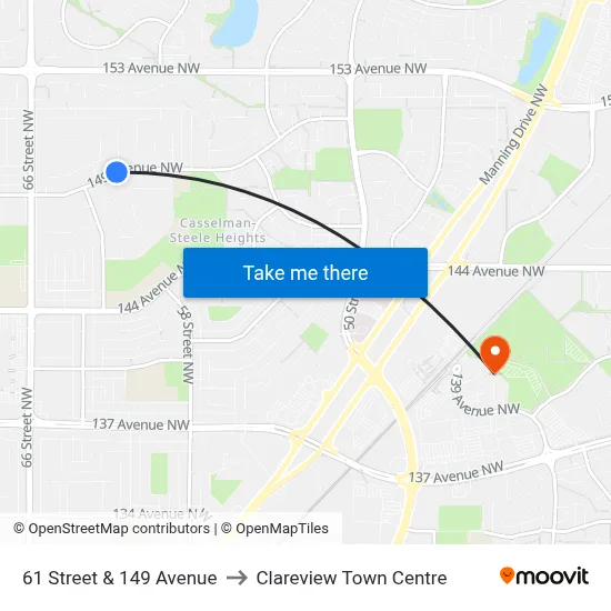 61 Street & 149 Avenue to Clareview Town Centre map
