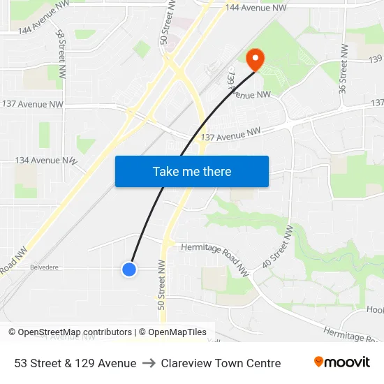 53 Street & 129 Avenue to Clareview Town Centre map