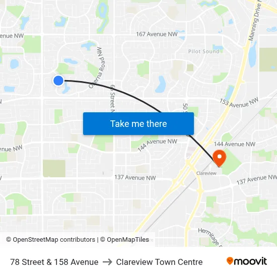 78 Street & 158 Avenue to Clareview Town Centre map