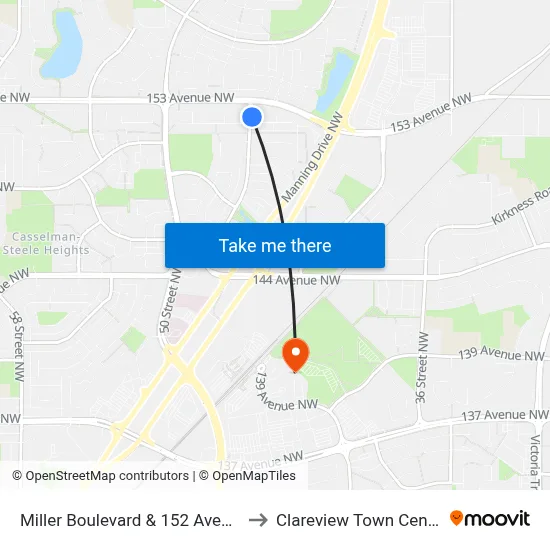 Miller Boulevard & 152 Avenue to Clareview Town Centre map