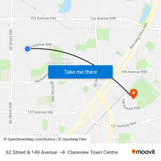 62 Street & 149 Avenue to Clareview Town Centre map