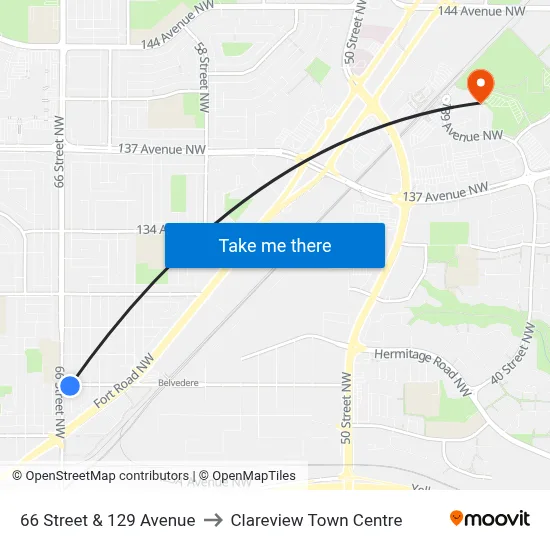 66 Street & 129 Avenue to Clareview Town Centre map