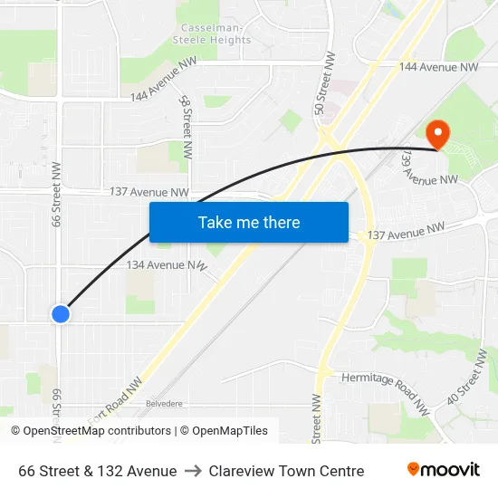 66 Street & 132 Avenue to Clareview Town Centre map