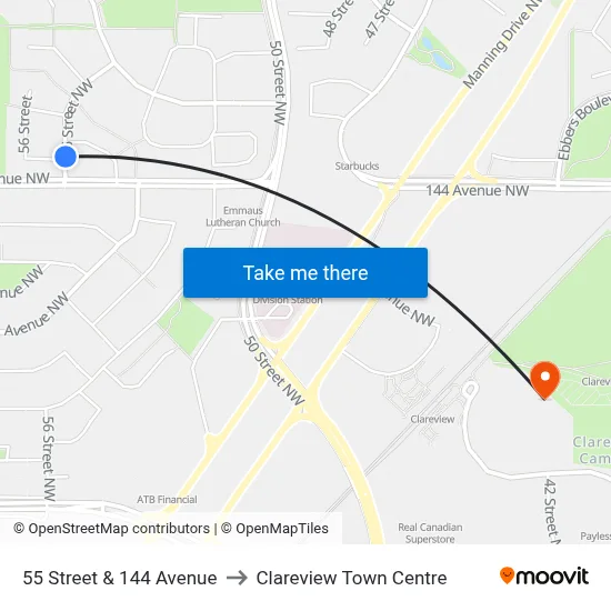 55 Street & 144 Avenue to Clareview Town Centre map