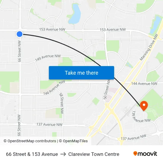 66 Street & 153 Avenue to Clareview Town Centre map