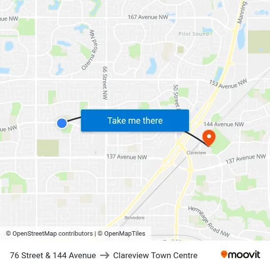 76 Street & 144 Avenue to Clareview Town Centre map