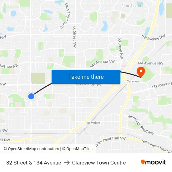 82 Street & 134 Avenue to Clareview Town Centre map