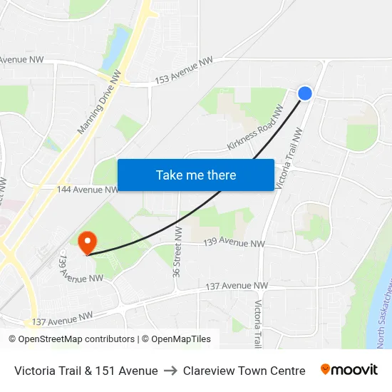 Victoria Trail & 151 Avenue to Clareview Town Centre map