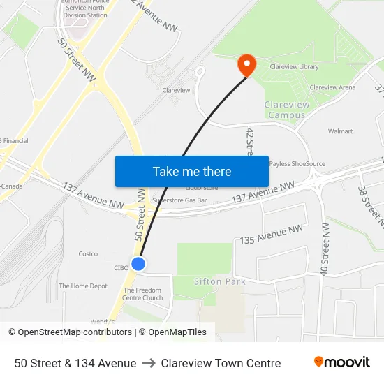50 Street & 134 Avenue to Clareview Town Centre map