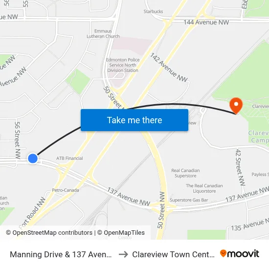 Manning Drive & 137 Avenue to Clareview Town Centre map