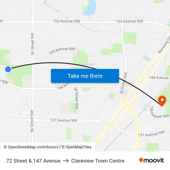 72 Street & 147 Avenue to Clareview Town Centre map