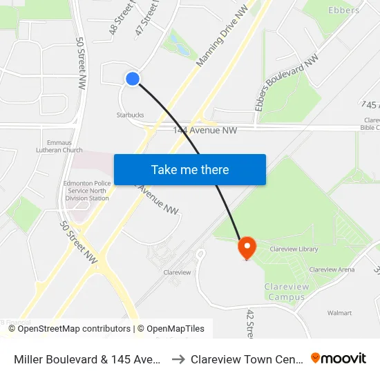 Miller Boulevard & 145 Avenue to Clareview Town Centre map