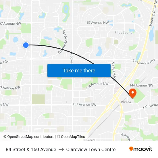 84 Street & 160 Avenue to Clareview Town Centre map