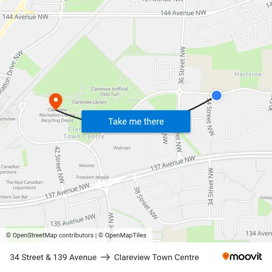 34 Street & 139 Avenue to Clareview Town Centre map