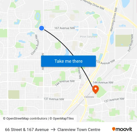 66 Street & 167 Avenue to Clareview Town Centre map