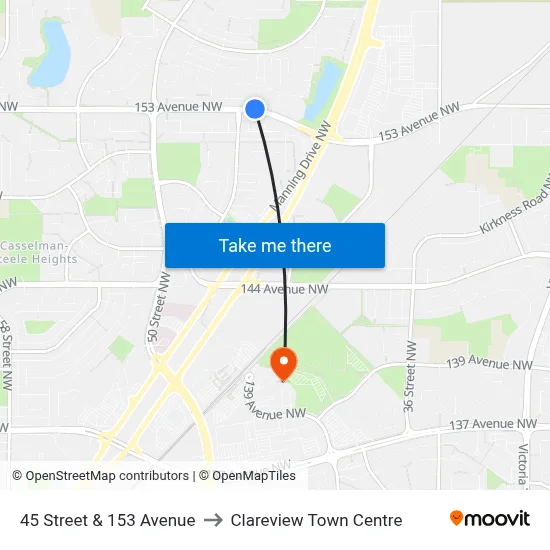 45 Street & 153 Avenue to Clareview Town Centre map