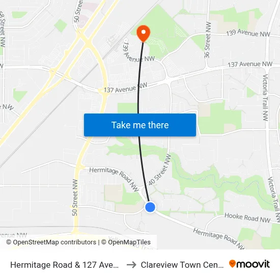 Hermitage Road & 127 Avenue to Clareview Town Centre map