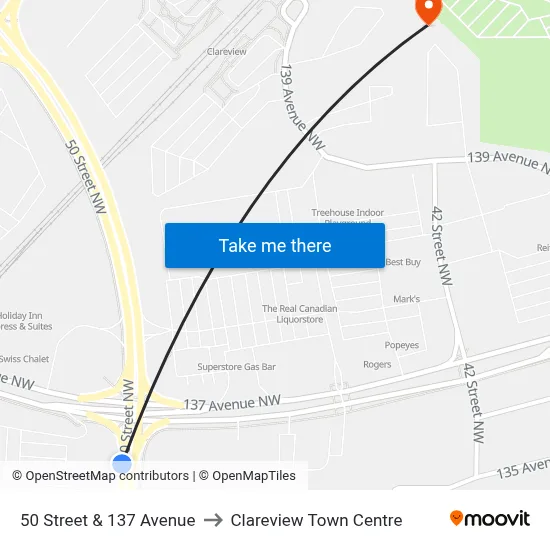 50 Street & 137 Avenue to Clareview Town Centre map