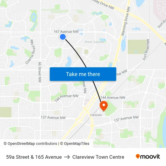 59a Street & 165 Avenue to Clareview Town Centre map