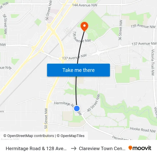 Hermitage Road & 128 Avenue to Clareview Town Centre map