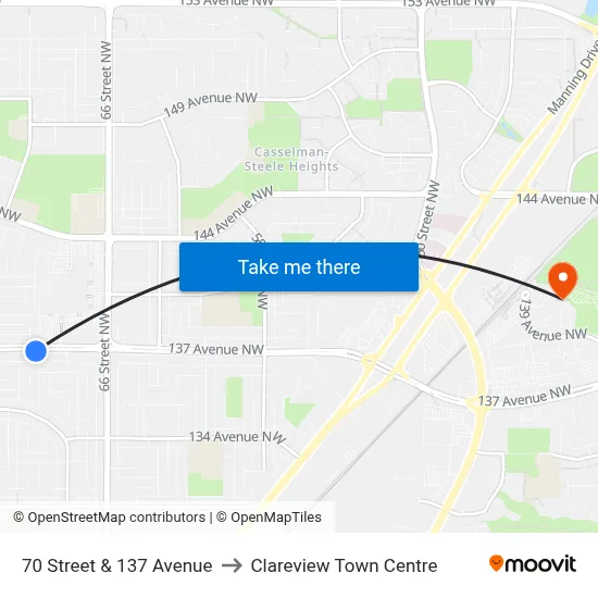 70 Street & 137 Avenue to Clareview Town Centre map