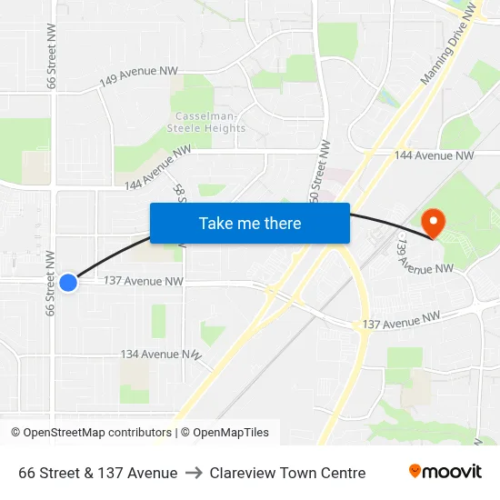 66 Street & 137 Avenue to Clareview Town Centre map