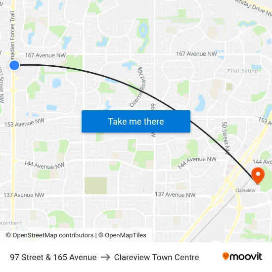 97 Street & 165 Avenue to Clareview Town Centre map