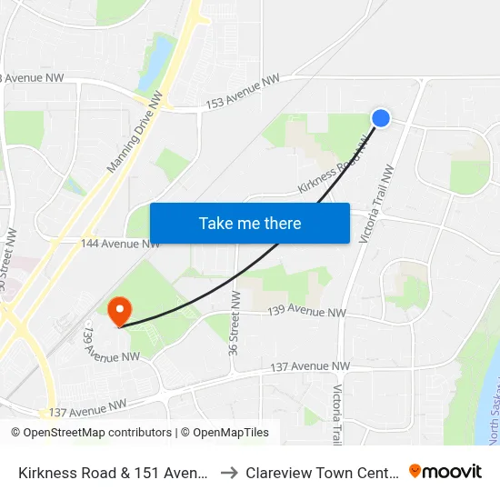 Kirkness Road & 151 Avenue to Clareview Town Centre map