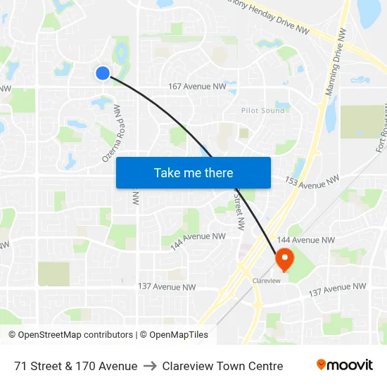 71 Street & 170 Avenue to Clareview Town Centre map