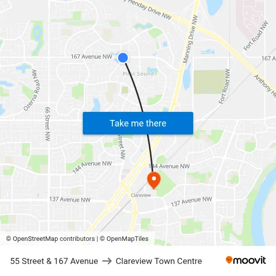 55 Street & 167 Avenue to Clareview Town Centre map