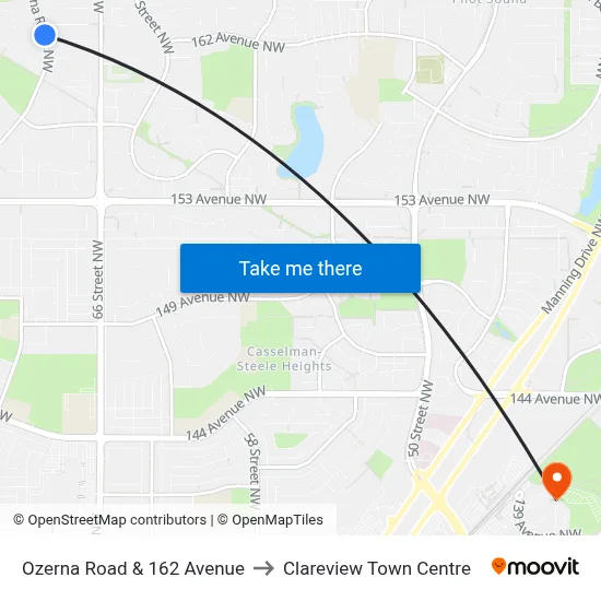 Ozerna Road & 162 Avenue to Clareview Town Centre map