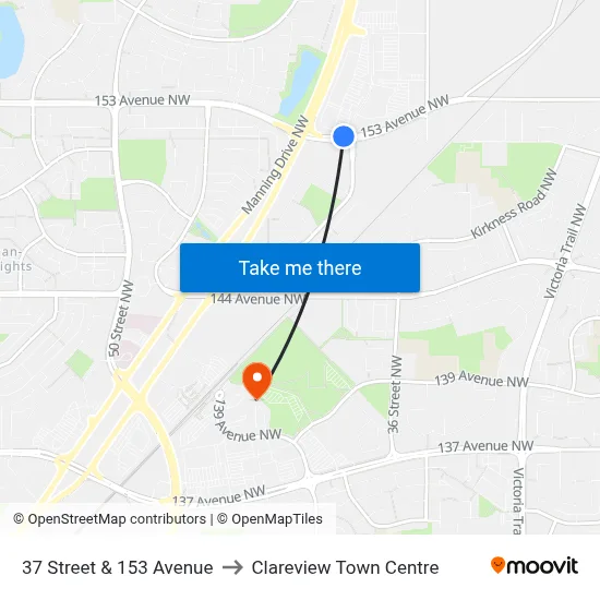 37 Street & 153 Avenue to Clareview Town Centre map