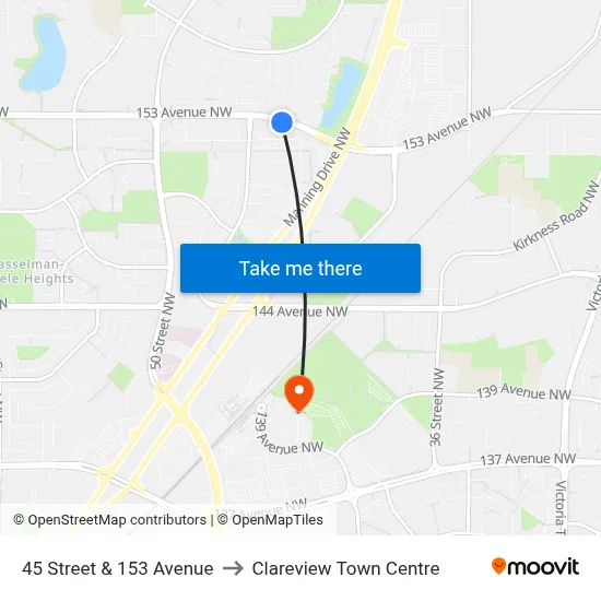 45 Street & 153 Avenue to Clareview Town Centre map